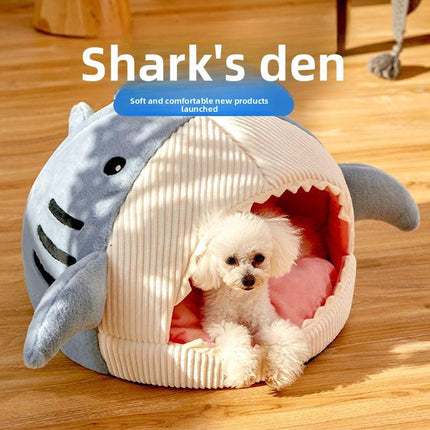 Novelty Shark Pet Cave Bed Enclosed Cozy Sleeping Nest for Cats and Small Dogs Soft Flannel Year Round Comfort Light Gray L Size.