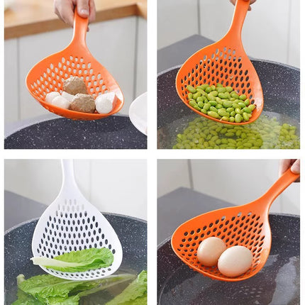 2 Pack Large Skimmer Slotted Spoon Colander Scoop - Long Handle Heat Resistant Food Strainer for Pasta, Noodles & Dumplings - White & Orange.