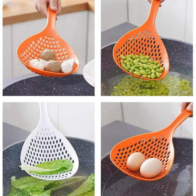 2 Pack Large Skimmer Slotted Spoon Colander Scoop - Long Handle Heat Resistant Food Strainer for Pasta, Noodles & Dumplings - White & Orange.