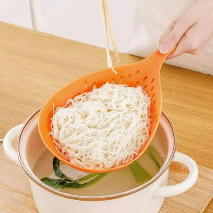 2 Pack Large Skimmer Slotted Spoon Colander Scoop - Long Handle Heat Resistant Food Strainer for Pasta, Noodles & Dumplings - White & Orange.