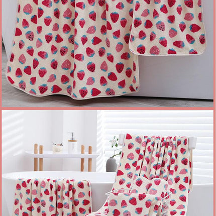 2 Pack Strawberry Coral Fleece Bath Towel Set - Ultra Soft Absorbent Microfibre Bathroom Towels with Hanging Loop - 70x140cm & 35x75cm.