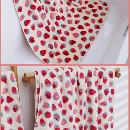 2 Pack Strawberry Coral Fleece Bath Towel Set - Ultra Soft Absorbent Microfibre Bathroom Towels with Hanging Loop - 70x140cm & 35x75cm.