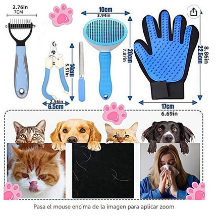 5-in-1 Pet Grooming Kit Pink - Stainless Steel Deshedding Rake, Self-Cleaning Slicker Brush, Grooming Glove & Nail Trimmer Set for Dogs & Cats.