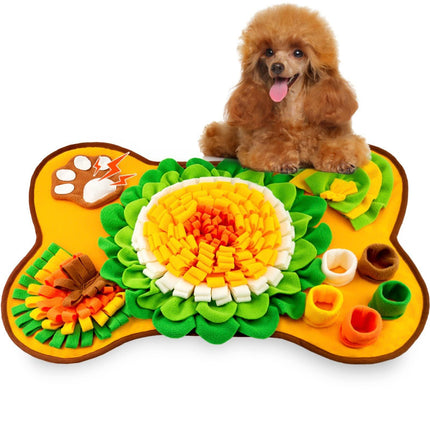 Interactive Dog Snuffle Mat Bone Shape 64x43cm - Slow Feeder & Foraging Puzzle Toy - Golden Yellow Fleece Nosework Pad for Anxiety Relief & Mental Stimulation.
