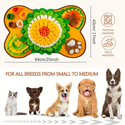Interactive Dog Snuffle Mat Bone Shape 64x43cm - Slow Feeder & Foraging Puzzle Toy - Golden Yellow Fleece Nosework Pad for Anxiety Relief & Mental Stimulation.