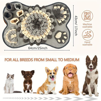 Interactive Dog Snuffle Mat Bone Shape Grey 64x43cm - Slow Feeder & Foraging Puzzle Toy - Washable Fleece Nosework Pad for Anxiety Relief & Mental Stimulation.