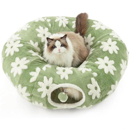 2-in-1 Cat Tunnel Bed Green Daisy 80cm - Plush Donut Pet Cave & Play Tube - Detachable Washable Cushion & Interactive Hanging Toy for Indoor Cats.