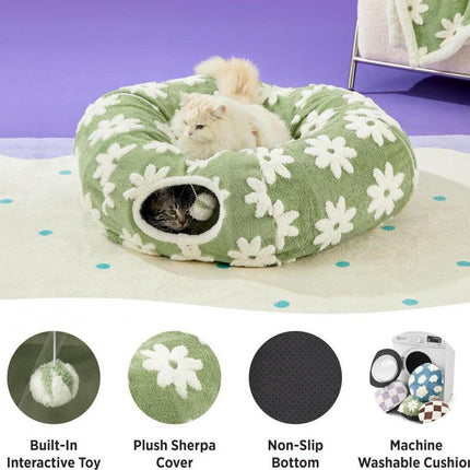2-in-1 Cat Tunnel Bed Blue Daisy 80cm - Plush Donut Pet Cave & Play Tube - Detachable Washable Cushion & Interactive Hanging Toy for Indoor Cats.