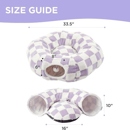 2-in-1 Cat Tunnel Bed Blue Daisy 80cm - Plush Donut Pet Cave & Play Tube - Detachable Washable Cushion & Interactive Hanging Toy for Indoor Cats.