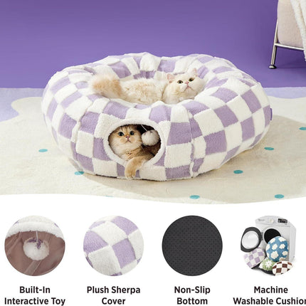 2-in-1 Cat Tunnel Bed Blue Daisy 80cm - Plush Donut Pet Cave & Play Tube - Detachable Washable Cushion & Interactive Hanging Toy for Indoor Cats.