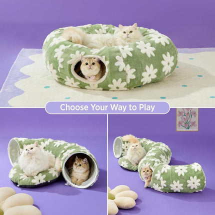 2-in-1 Cat Tunnel Bed Coffee Brown Daisy 80cm - Plush Donut Pet Cave & Play Tube - Detachable Washable Cushion & Interactive Hanging Toy for Indoor Cats.