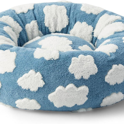 50cm Round Pet Bed Blue Sky & Clouds Design - Soft Plush Donut Cuddler for Small Dogs & Cats - Calming Anxiety Relief & All-Season Comfort.