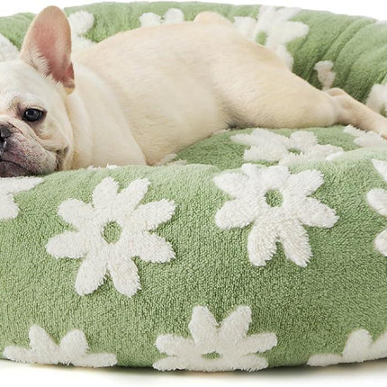 50cm Round Pet Bed Green Daisy Design - Soft Plush Donut Cuddler for Small Dogs & Cats - Calming Anxiety Relief & All-Season Comfort.