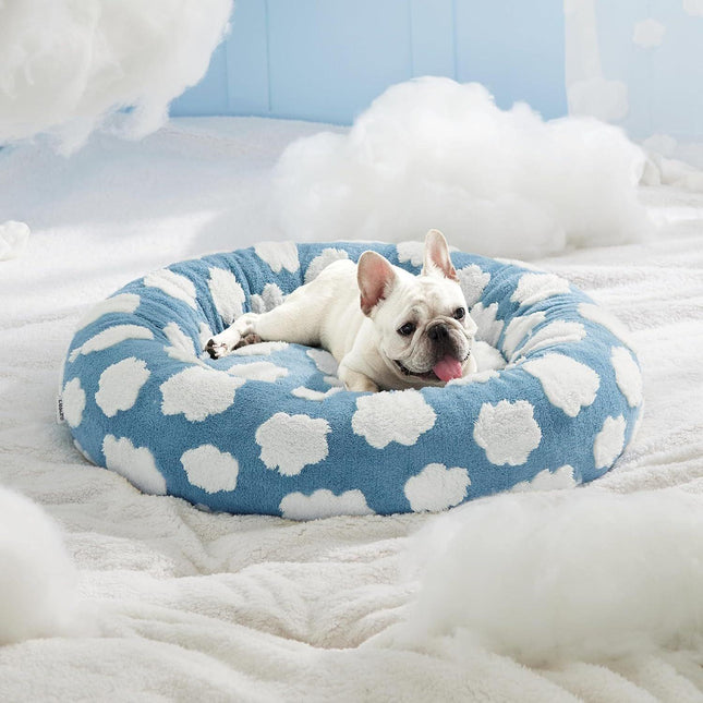 50cm Round Pet Bed Green Daisy Design - Soft Plush Donut Cuddler for Small Dogs & Cats - Calming Anxiety Relief & All-Season Comfort.
