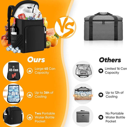 Large 45 Can Insulated Cooler Backpack for Picnic, Beach, and Camping in Australia - 36H Cooling, Waterproof Oxford Cloth, Black.