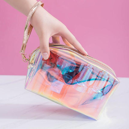 Holographic TPU Cosmetic Bag - Waterproof Iridescent Makeup Pouch with Wrist Strap - Transparent Travel Toiletry Organiser - 18.5cm.