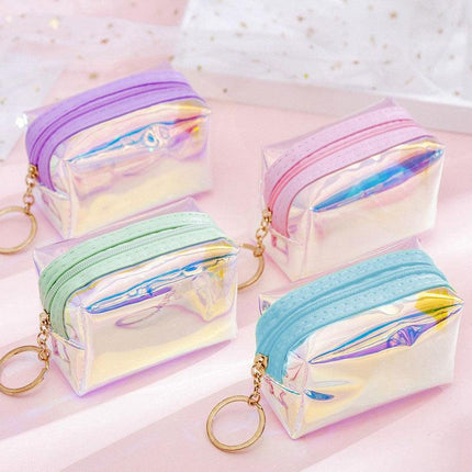 4 PCS Holographic Mini Coin Purses - Iridescent TPU Keyring Pouch - Waterproof Clear Storage for Earbuds, Lipstick & Keys - Small Rectangular Bag Charm 9cm.