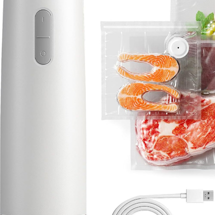 Portable Handheld Vacuum Sealer - Wireless Rechargeable Food Saver Pump - Compact Electric Kitchen Gadget for Meal Prep & Sous Vide - White.