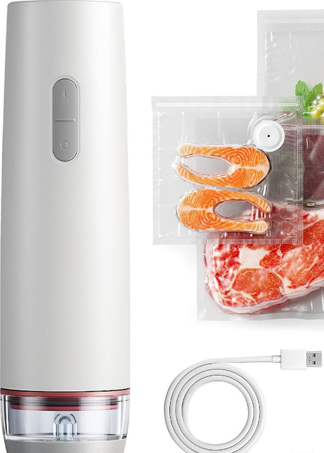 Portable Handheld Vacuum Sealer - Wireless Rechargeable Food Saver Pump - Compact Electric Kitchen Gadget for Meal Prep & Sous Vide - White.