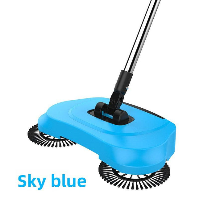 3-in-1 Hand Push Floor Sweeper - Manual Spinning Broom, Dustpan & Mop Combo - Silent Non-Electric Cleaning for Hardwood & Tiles - Lightweight Sky Blue.