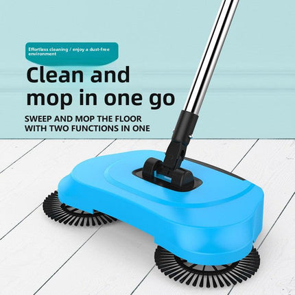 3-in-1 Hand Push Floor Sweeper - Manual Spinning Broom, Dustpan & Mop Combo - Silent Non-Electric Cleaning for Hardwood & Tiles - Lightweight Sky Blue.
