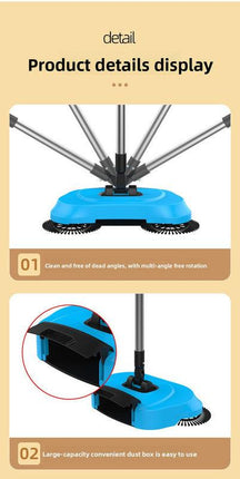 3-in-1 Hand Push Floor Sweeper - Manual Spinning Broom, Dustpan & Mop Combo - Silent Non-Electric Cleaning for Hardwood & Tiles - Lightweight Sky Blue.