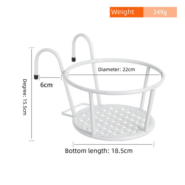 Hanging Flower Pot Holder Metal Balcony Railing Planter Basket Round Iron Rack with Mesh Bottom Fits up to 6cm Rail for Fence & Patio White.