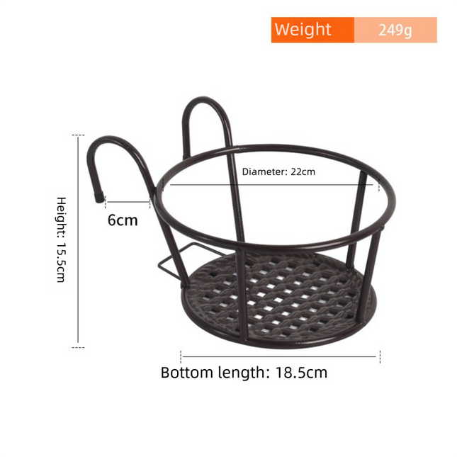 Hanging Flower Pot Holder Metal Balcony Railing Planter Basket Round Iron Rack with Mesh Bottom Fits up to 6cm Rail for Fence & Patio Brown.