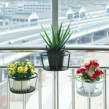 Hanging Flower Pot Holder Metal Balcony Railing Planter Basket Round Iron Rack with Mesh Bottom Fits up to 6cm Rail for Fence & Patio Brown.
