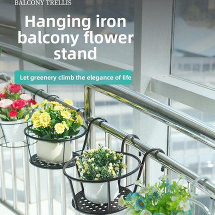 Hanging Flower Pot Holder Metal Balcony Railing Planter Basket Round Iron Rack with Mesh Bottom Fits up to 6cm Rail for Fence & Patio Brown.