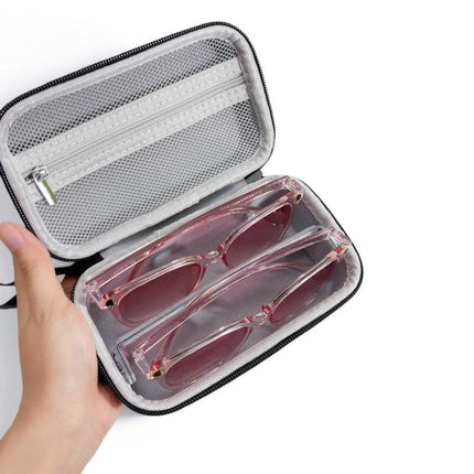 Portable Sunglasses Organiser Case Hard Shell EVA Storage Box for 2 Pairs of Glasses Travel Holder with Mesh Pocket Black.