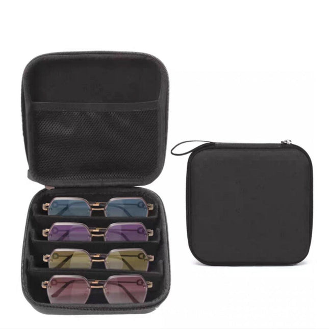 Portable 4-Slot Sunglasses Organiser Case Hard Shell EVA Storage Box Large Capacity Travel Holder with Mesh Pocket Black.