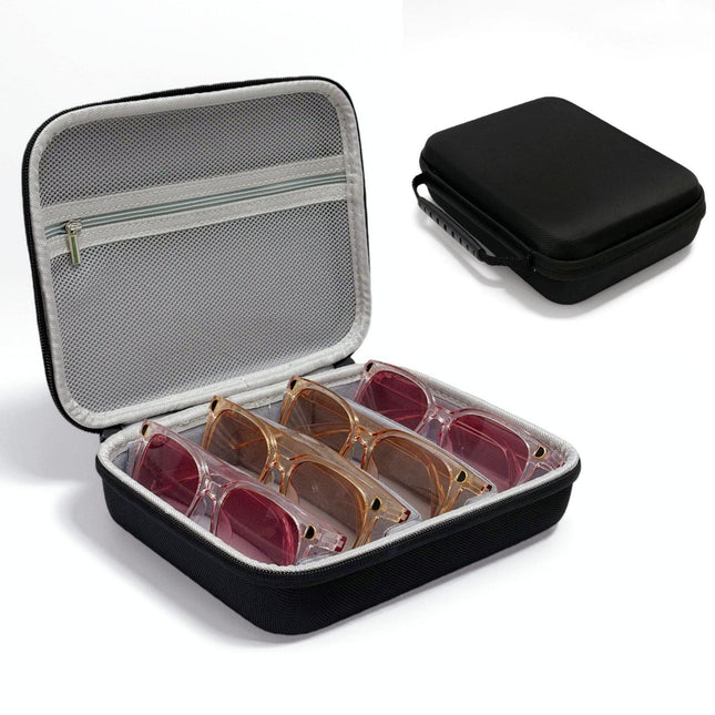 Portable 4-Slot Sunglasses Organiser Case Hard Shell EVA Storage Box Travel Holder with Mesh Pocket 22cm Black.