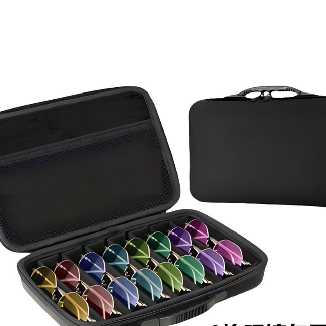 Portable 8-Slot Sunglasses Organiser Case Hard Shell EVA Storage Box Large Capacity Display Holder with Handle Black.