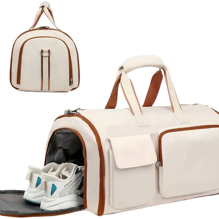 Convertible Travel Garment Bag Large Duffel Suit Carrier with Shoe Compartment & Hidden Backpack Straps Waterproof  Beige White.