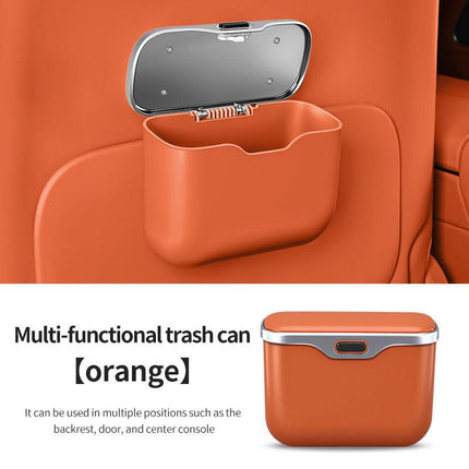 Car Trash Can Hanging Rubbish Bin with Lid Waterproof Leather Vehicle Organiser Storage Box for Door Seat Back Console Orange.