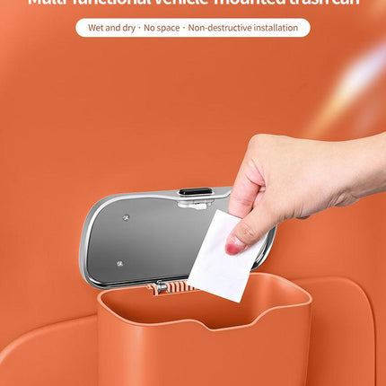 Car Trash Can Hanging Rubbish Bin with Lid Waterproof Leather Vehicle Organiser Storage Box for Door Seat Back Console Orange.