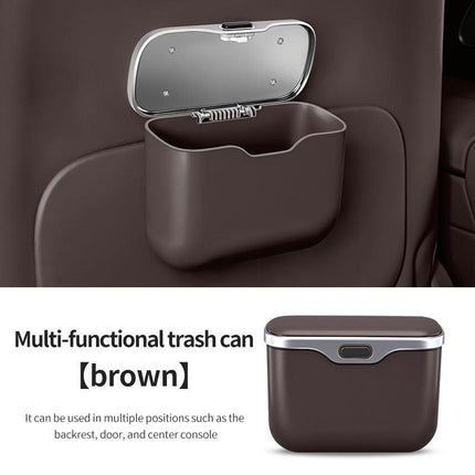 Car Trash Can Hanging Rubbish Bin with Lid Waterproof Leather Vehicle Organiser Storage Box for Door Seat Back Console Brown.