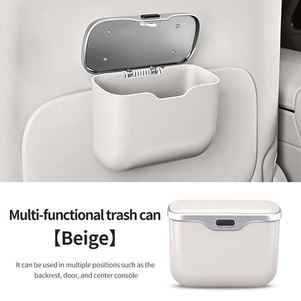 Car Trash Can Hanging Rubbish Bin with Lid Waterproof Leather Vehicle Organiser Storage Box for Door Seat Back Console Beige.