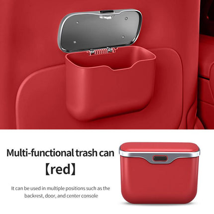 Car Trash Can Hanging Rubbish Bin with Lid Waterproof Leather Vehicle Organiser Storage Box for Door Seat Back Console Red.