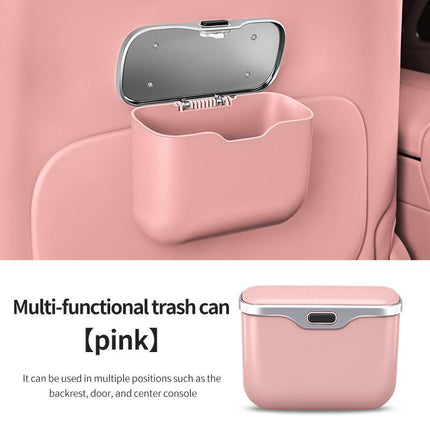Car Trash Can Hanging Rubbish Bin with Lid Waterproof Leather Vehicle Organiser Storage Box for Door Seat Back Console Pink.