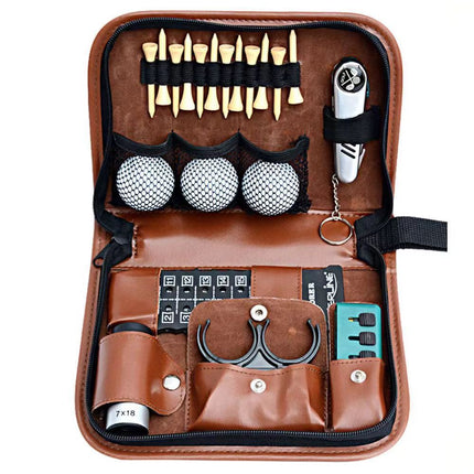 Premium PU Leather Golf Accessory Pouch Portable Zippered Organiser Bag for Tees Balls Scorecard & Tools Waterproof Travel Case Dark Brown.