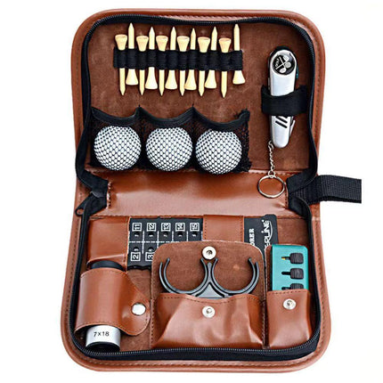 Premium PU Leather Golf Accessory Pouch Portable Zippered Organiser Bag for Tees Balls Scorecard & Tools Waterproof Travel Case Dark Brown.