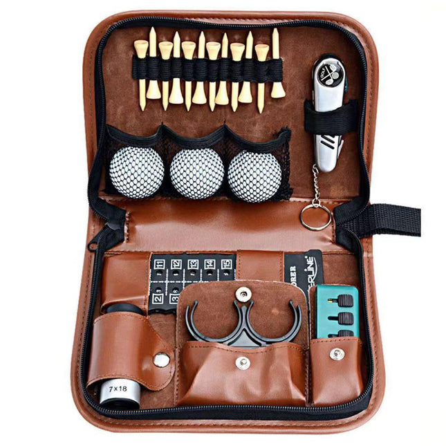 Premium PU Leather Golf Accessory Pouch Portable Zippered Organiser Bag for Tees Balls Scorecard & Tools Waterproof Travel Case Dark Brown.