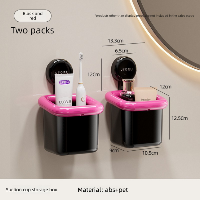 2 Pack Suction Cup Bathroom Organizer Wall Mounted Toothbrush Holder No Drill Storage Caddy with Drainage for Electric Toothbrush Razor Makeup Black & Pink.