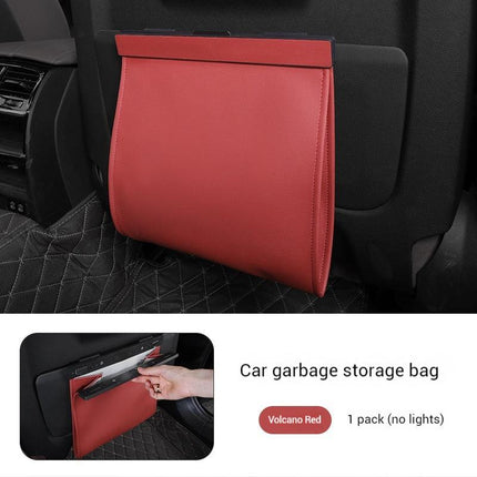 Car Trash Bag Hanging Leather Garbage Bin with Magnetic Closure Waterproof Vehicle Back Seat Organiser Leakproof Waste Storage Pocket Volcano Red.