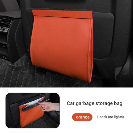 Car Trash Bag Hanging Leather Garbage Bin with Magnetic Closure Waterproof Vehicle Back Seat Organiser Leakproof Waste Storage Pocket Orange.