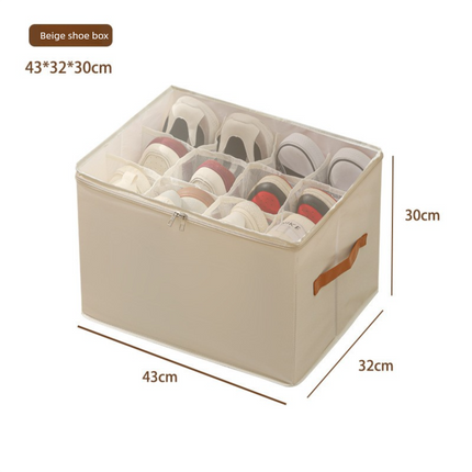 Foldable Shoe Storage Box with Clear Lid 12 Compartment Wardrobe Organiser for Sneakers Flat Sandals 600D Oxford Fabric Container with Handles Beige.