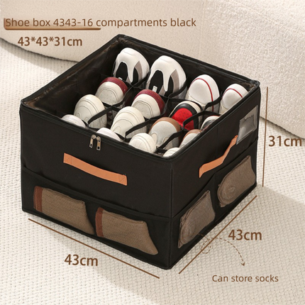 Extra Large Foldable Shoe Storage Box 16 Compartments with Side Pockets Clear Lid Wardrobe Organiser for Sneakers Socks 43cm Square Cube Black.
