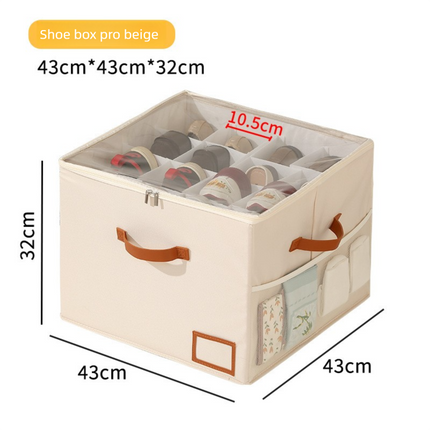 Premium Heavy Duty Shoe Storage Box 16 Grids Beige 43cm Cube Foldable Fabric Wardrobe Organiser with Label Holder and Side Pockets.
